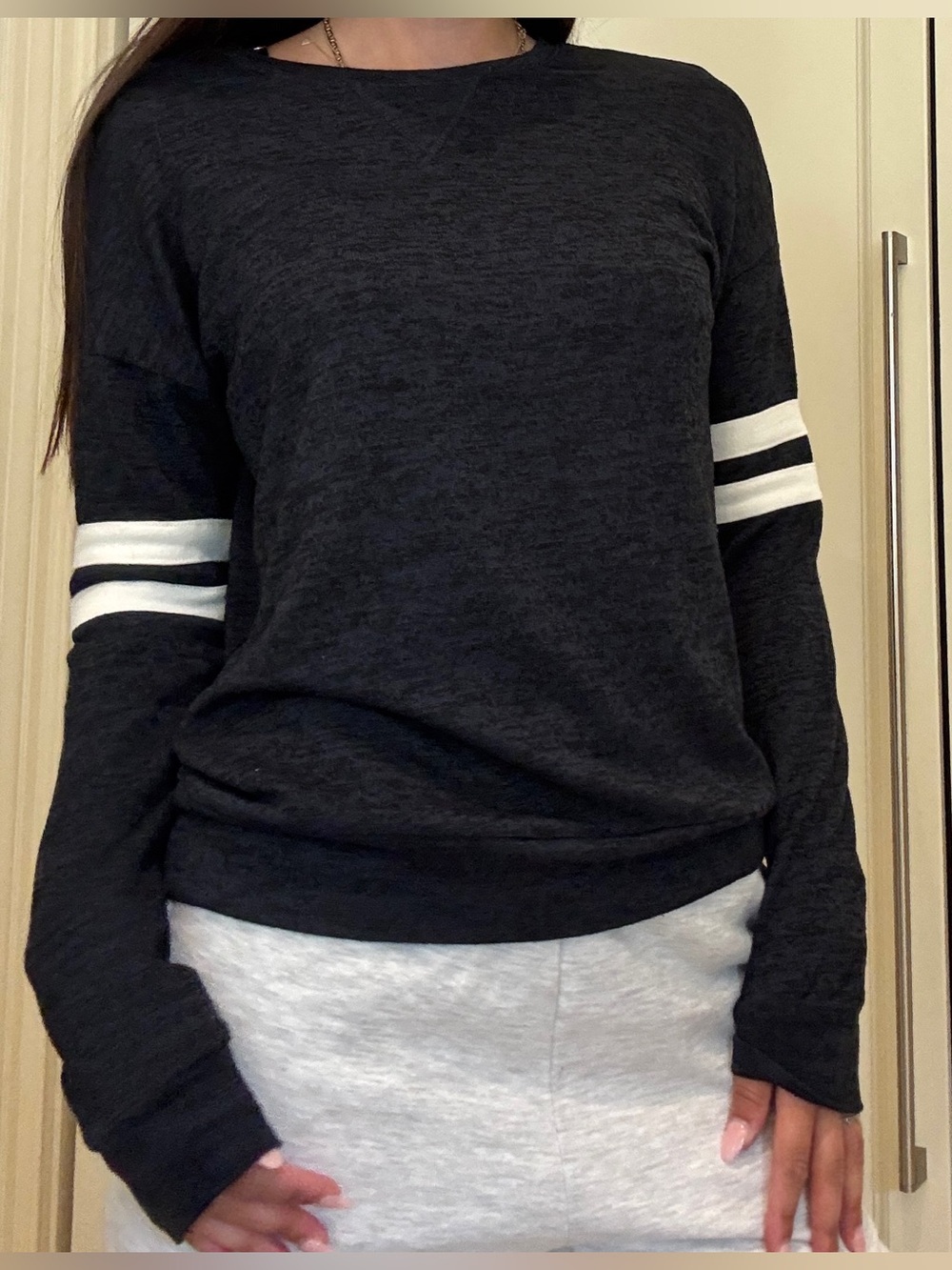 Ardene Dark Blue Crewneck Sweater with White Sleeve Stripes